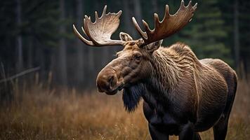 A majestic moose standing in a forested area with tall grass. photo