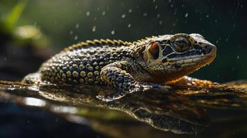 A close-up of a spotted amphibian resting in water with raindrops around it. photo