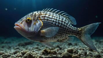 A close-up of a striped fish swimming in a dark underwater environment. photo
