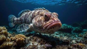 An underwater image of a fish swimming near coral reefs. photo