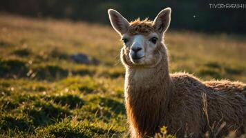 A close-up of a llama in a grassy field during golden hour. photo