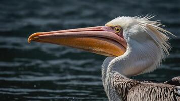 A close-up of a pelican's head with a striking beak against a dark water background. photo