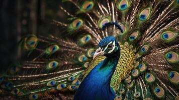 A vibrant peacock displaying its colorful feathers in a natural setting. photo