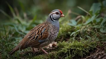 A colorful bird with distinctive markings stands on the ground amidst greenery. photo