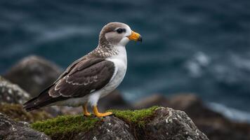 A bird standing on rocks by the sea, showcasing its unique plumage and habitat. photo