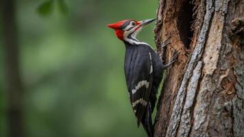 A woodpecker pecks at a tree, creating a nesting hole. photo