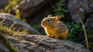 A small, cute rabbit sits on a rock, illuminated by soft sunlight in a natural setting. photo