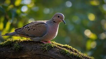 A close-up of a dove perched on a mossy branch in a natural setting. photo