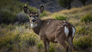 A young deer stands in a natural setting, showcasing its spotted coat and alert posture. photo