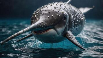A close-up of a narwhal swimming in clear waters, showcasing its distinctive tusk. photo