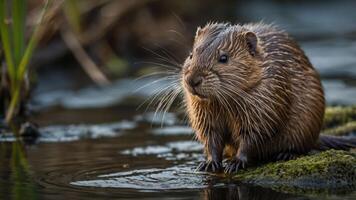 A close-up of a furry animal near water, showcasing its features and natural habitat. photo