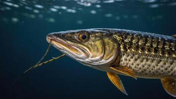 A close-up of a fish underwater, showcasing its features and surrounding environment. photo