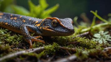 A close-up of a colorful lizard resting on moss in a natural setting. photo