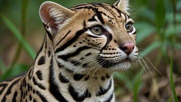 A close-up of an ocelot showcasing its distinctive spotted fur and expressive eyes. photo