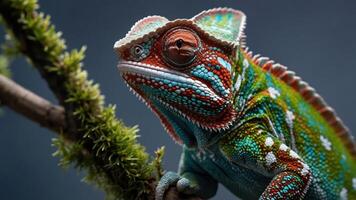 A vibrant chameleon perched on a branch, showcasing its colorful scales and textures. photo
