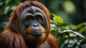 A close-up of an orangutan in a lush green environment, showcasing its expressive face. photo
