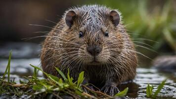 A close-up of a wet, furry animal in a natural setting, surrounded by grass and water. photo