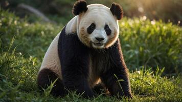 A panda sitting in a grassy area, illuminated by soft sunlight. photo