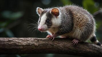 A close-up of a possum perched on a branch in a natural setting. photo
