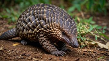 A close-up of a pangolin walking on the ground among greenery. photo