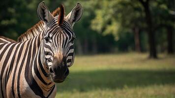 A close-up of a zebra in a natural setting, showcasing its distinctive stripes. photo