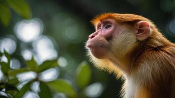 A close-up of a monkey in a natural setting, highlighting its expressive features. photo