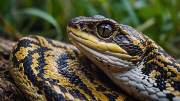 Close-up of a snake highlighting its intricate patterns and textures. photo