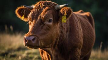 A close-up of a brown cow with a tag in its ear, set against a natural background. photo