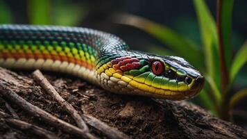A vibrant snake resting on a log, showcasing its colorful scales and striking features. photo