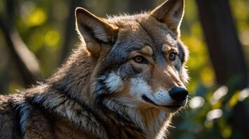 A close-up of a wolf in a natural setting, showcasing its striking features and gaze. photo