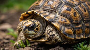A close-up of a tortoise resting on the ground amidst greenery. photo