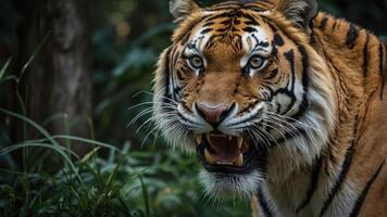 A close-up of a fierce tiger in a natural setting, showcasing its powerful presence. photo