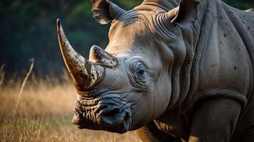 A close-up of a rhinoceros in a natural setting, showcasing its distinctive horn and texture. photo