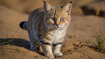 A close-up of a wild cat walking on sandy terrain, showcasing its striking features. photo