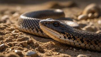 A close-up of a snake resting on sandy ground, showcasing its scales and texture. photo