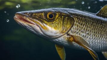A close-up of a fish swimming underwater, showcasing its features and bubbles around it. photo