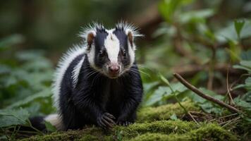 A close-up of a black and white striped animal in a lush green forest setting. photo