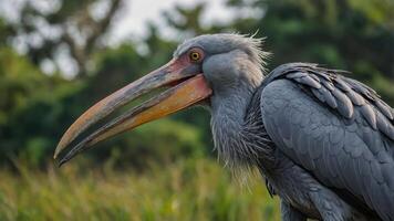 A close-up of a large bird with a long bill and grey feathers, set against a natural background. photo