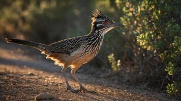 A close-up of a bird with a distinctive crest, standing on a dirt path near greenery. photo