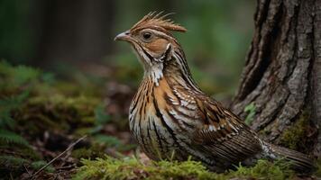 A close-up of a bird with intricate plumage in a forest setting. photo