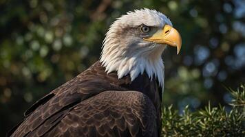 A close-up of a majestic eagle showcasing its detailed feathers and sharp gaze. photo