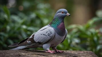 A close-up of a pigeon perched on a surface, showcasing its colorful plumage. photo