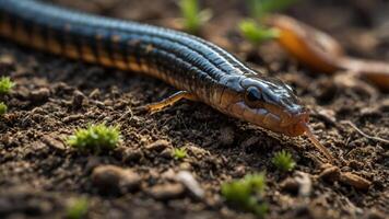 A close-up of a snake on the ground, showcasing its scales and surrounding vegetation. photo