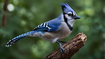 A vibrant blue jay perched on a branch, showcasing its striking feathers in a natural setting. photo