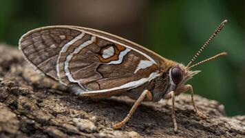 A close-up of a brown butterfly resting on a textured surface. photo