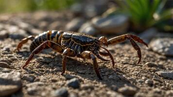 A close-up of a crab walking on sandy ground with pebbles and vegetation in the background. photo
