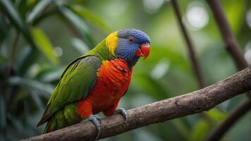 A colorful parrot perched on a branch amidst lush greenery. photo