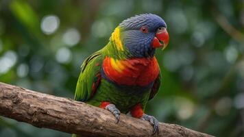 A colorful parrot perched on a branch amidst a blurred green background. photo