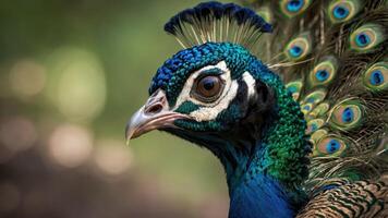 A close-up of a peacock showcasing its vibrant feathers and intricate details. photo
