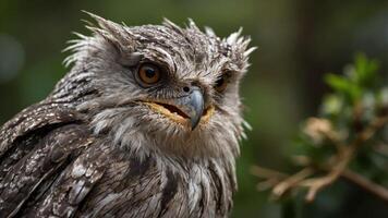 A close-up of a tawny frogmouth bird with striking features and a textured plumage. photo